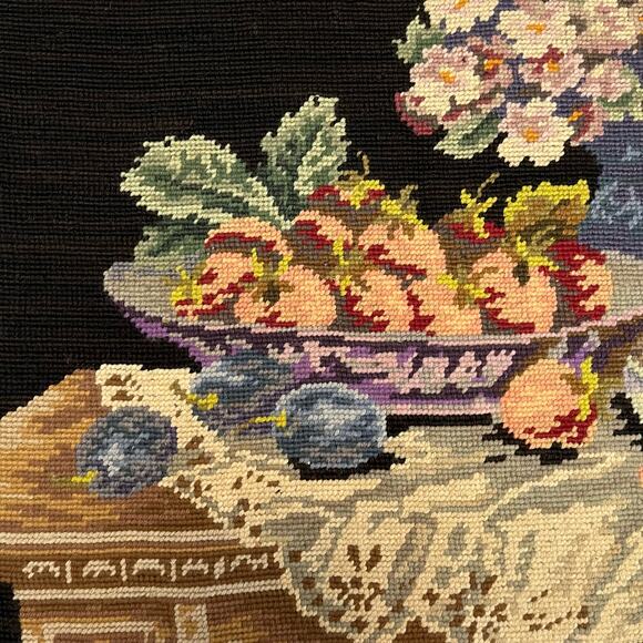 Vintage Needlepoint Canvas of Flowers and Fruit on Table - 1965 - Picture 4 of 5